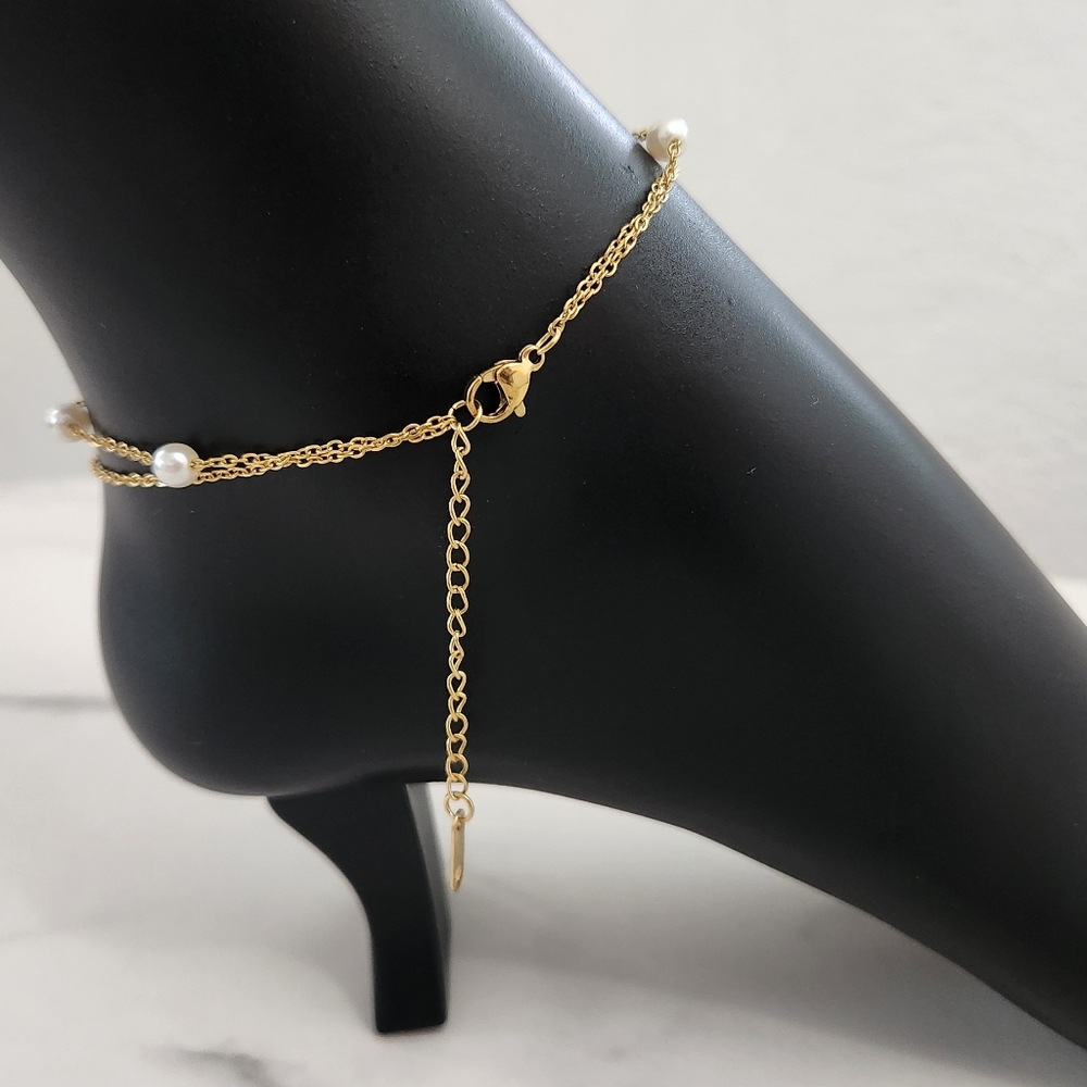 Gold Plated Butterfly Artificial Pearl Layered Design Anklet - Picture 8 of 13